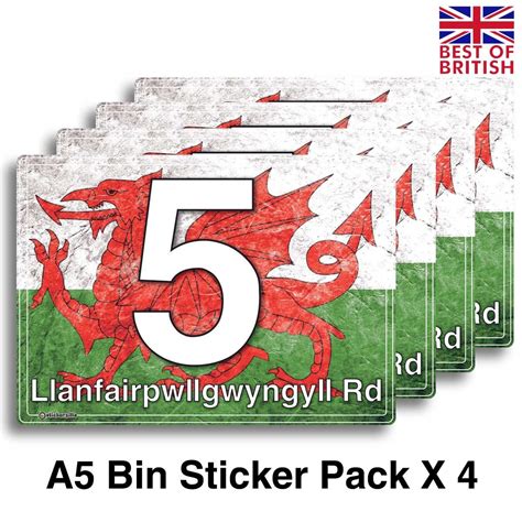 A5 [4 X Pack] – Welsh Flag Rustic Style, Personalised Wheelie Bin ...