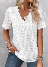 Rotita Embroidery White V Neck Short Sleeve Blouse Rotita Usd