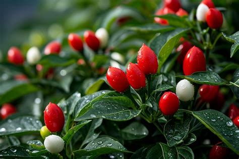 Vista De Perto Das Frutas E Folhas Da Planta De Pimenta Ou Capsicum