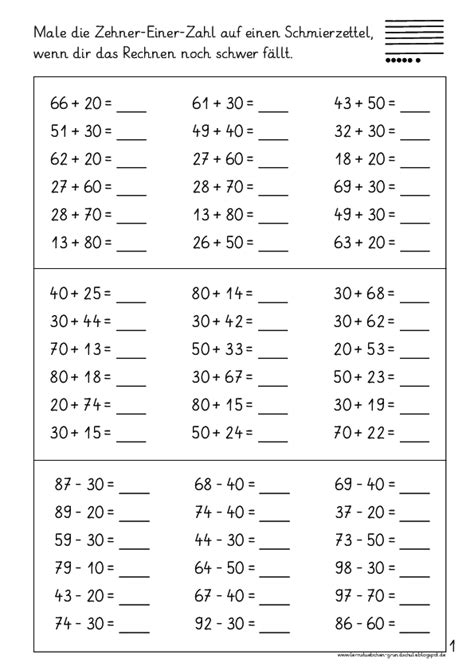 Rechnen mit Zehnerzahlen Plus und Minus pdf Lernstübchen Mathe