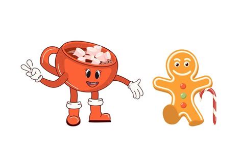 Premium Vector A Mug Of Hot Cocoa With Marshmallows And A Gingerbread Man Retro Character In
