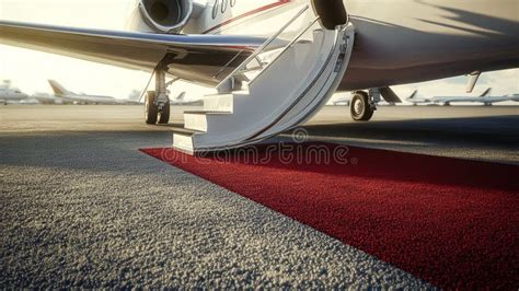 Red Carpet On Stairs Leading To A Private Jet Airplane A Plane On