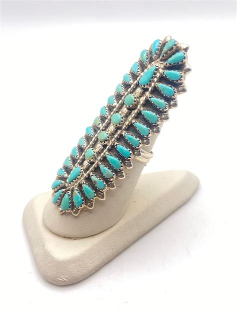 Long Turquoise Cluster Statement Ring Sterling Silve Gem