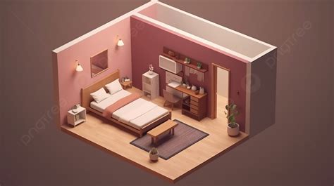 Isometric Bedroom Room 3d On A Pink Shaded Floor Background 3d