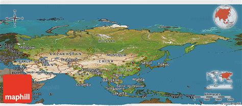 Satellite Panoramic Map Of Asia Darken Land Only