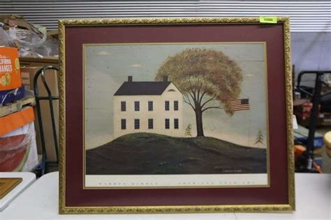 Folk Art Work By Warren Kimble White Farm House W American Flag