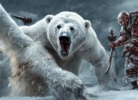 KREA A Monster Polar Bear Fighting A Warrior Monk In The Snow