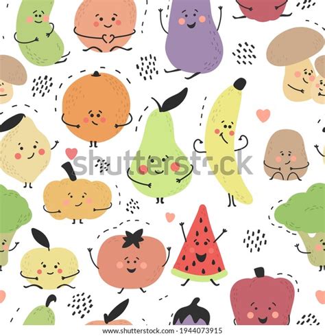 Cute Hand Drawn Fruits And Vegetables Cartoon Doodle Style Funny