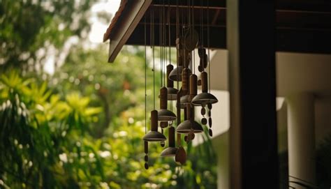 Premium AI Image | A small wind chimes hanging from a roof in a garden