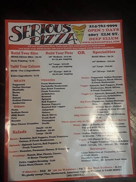 Menu at Serious Pizza pizzeria, Dallas