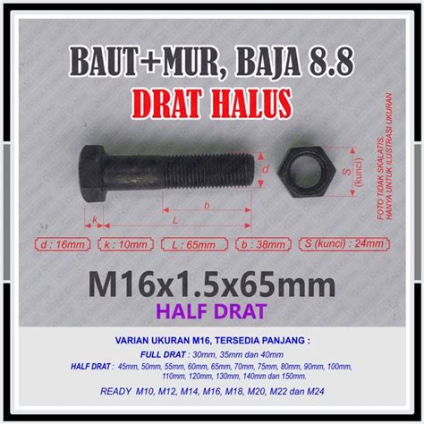 Jual Baut Mur Baja M X Mm Drat Halus Pitch Kunci Half