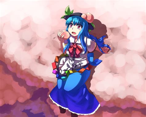 Safebooru Blue Hair Boots Cloud Clouds Food Fruit Hat Hinanawi Tenshi