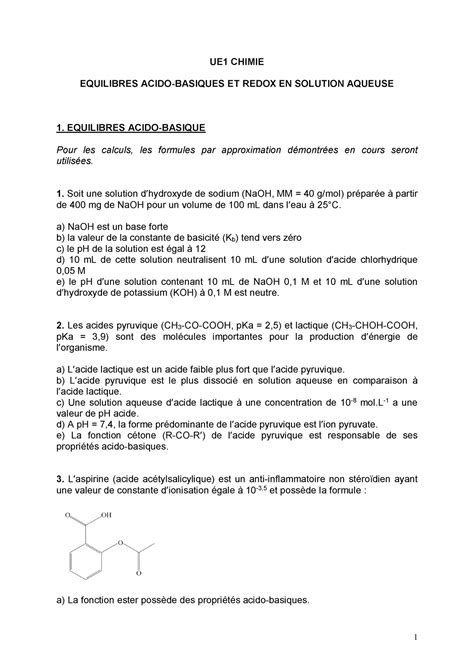 ED3 Acide Base Redox 1 UE1 CHIMIE EQUILIBRES ACIDO BASIQUES ET REDOX