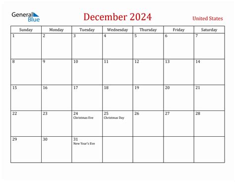 December 2024 Monthly Calendar with United States Holidays