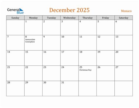 Free December 2025 Monaco Calendar
