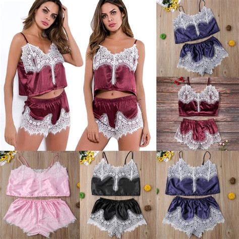 Women Nightwear Pajamas Set Babydoll Silk Lace Sexy Satin Lingerie