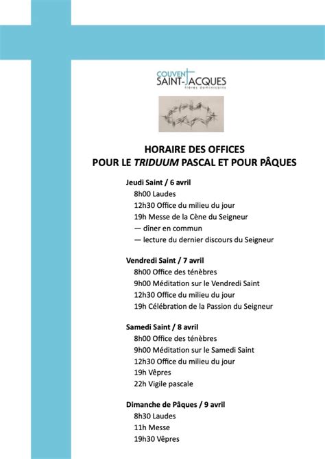 Horaire Triduum 2023 Couvent Saint Jacques