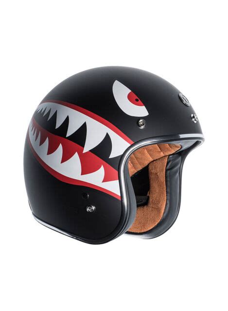 T50 34 Retro Open Face Flat Black Flying Tiger Motorcycle Bike Helmet