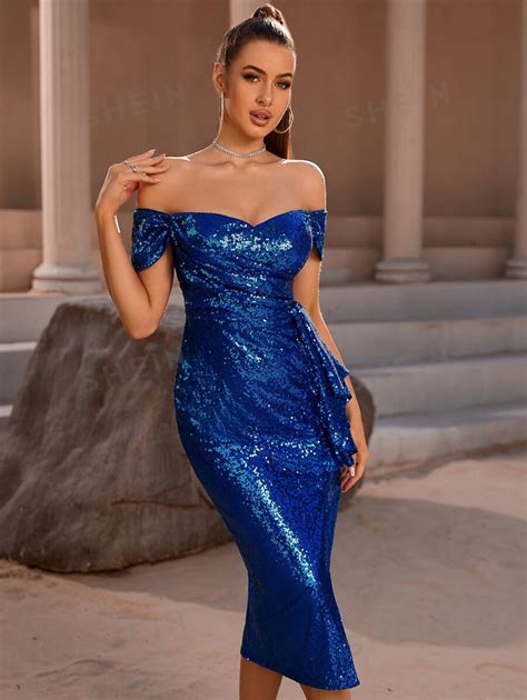 Adyce Off Shoulder Ruffle Trim Split Thigh Sequin Prom Dress Shein Usa