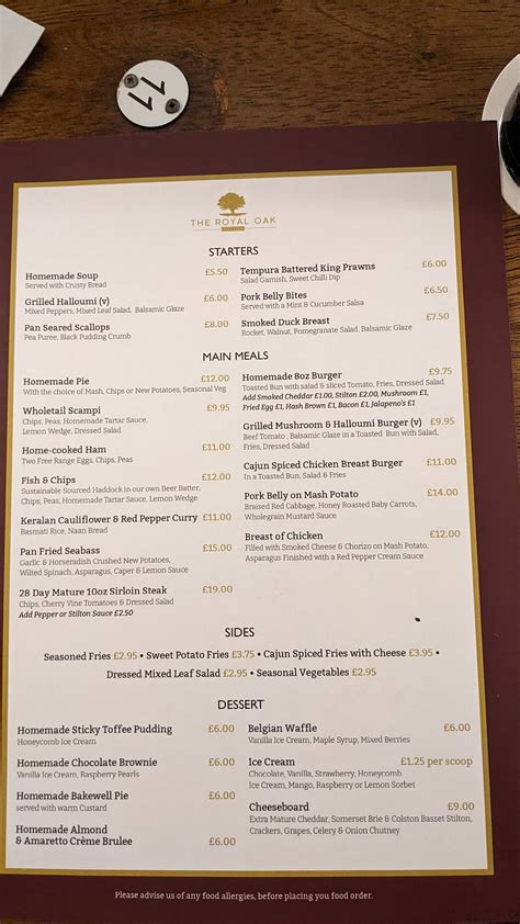 Menu At The Royal Oak Pub And Bar Potton