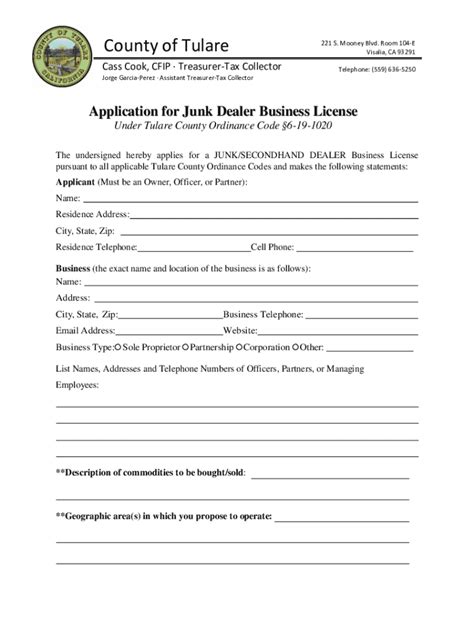 Fillable Online Application For Junk Dealer Business LicenseTulare