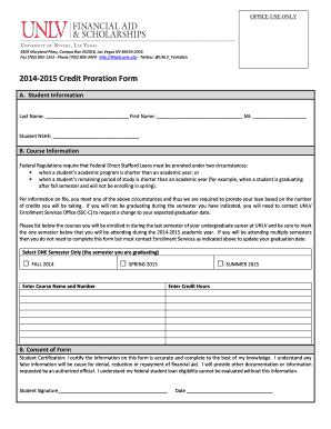 Fillable Online Unlv 2014 2015 Credit Proration Form Unlv Fax Email