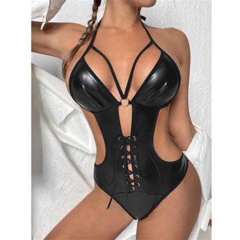 Uaang Sexy Lingerie Black Two Pieces Exotic Sets Women Leather Push Up