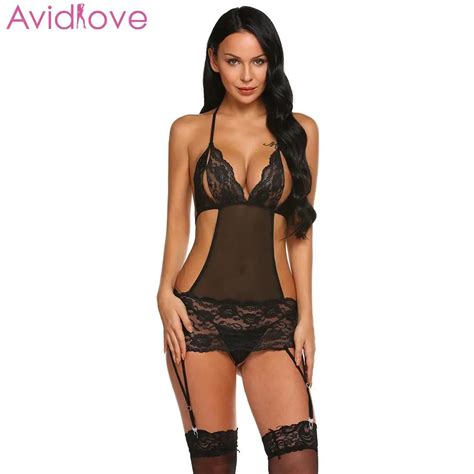 Avidlove Women Bodystocking Sexy Lingerie Sleepwear Halter Lace Out