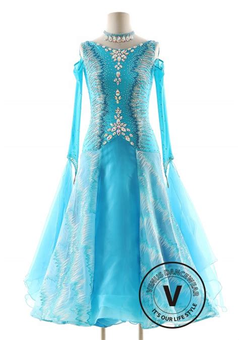 Blue Color Zig Zag Pattern Ballroom Smooth Competition Dance Dress