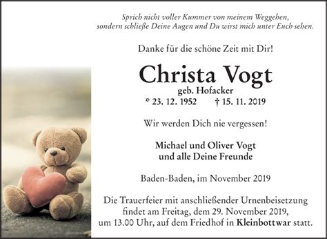 Traueranzeigen Von Christa Vogt Zeit Des Gedenkens De