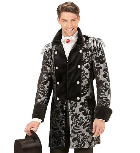 Karneval Herren Kost M Mantel Jacket Jaquard Schwarz Silber