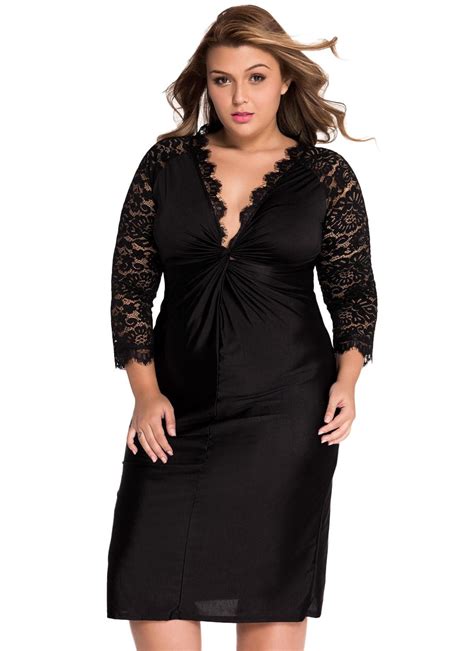 Black Xxl Plus Size Cocktail Dress With Lace Sleeves Chicuu