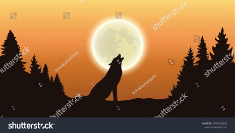 Wolf Howls Full Moon Forest Orange Stock Vector Royalty Free