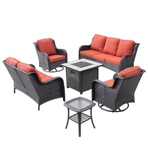 Ovios 6-Piece Patio Set with Fire Pit, Wicker Sofa & Swivel Chairs ...