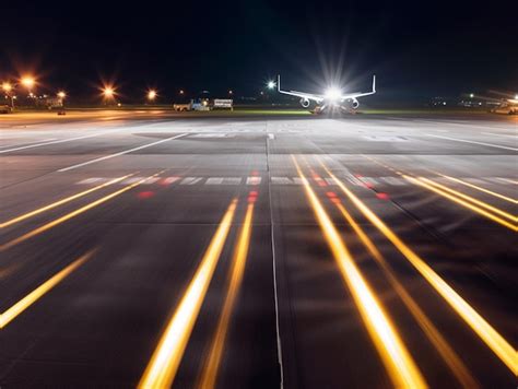 Un avión está en una pista de noche con las luces encendidas Foto