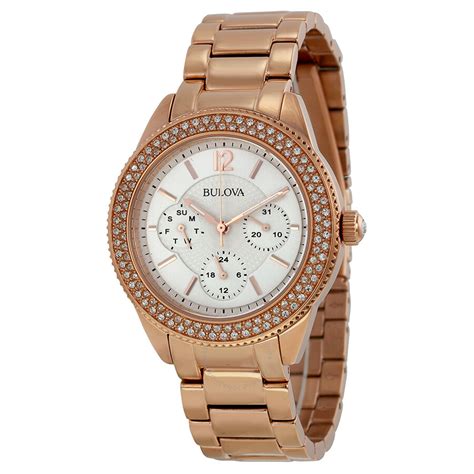 Bulova Multi Function Silver Dial Rose Gold Plated Ladies Watch 97n101