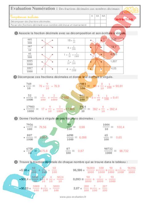 Evaluation Et Bilan Avec Le Corrigé Pour Le Cm2 Sur Des Fractions Décimales Aux Nombres Décimaux