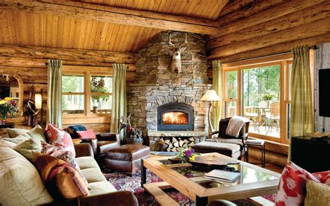 Log Cabin Living Room With Fireplace