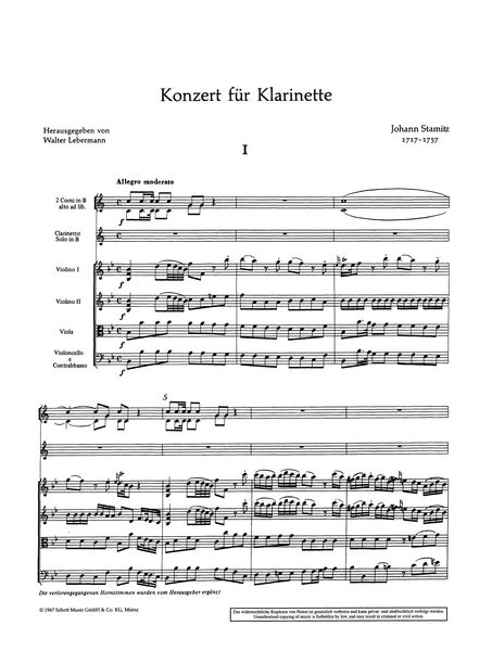 Stamitz, Johann: Clarinet Concerto in B-flat Major, full score | CAMco ...