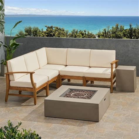 Noble House Illona Teak Brown Piece Wood Patio Fire Pit Sectional