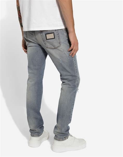 Slim Fit Blue Stretch Denim Jeans With Abrasions In Blue For Men