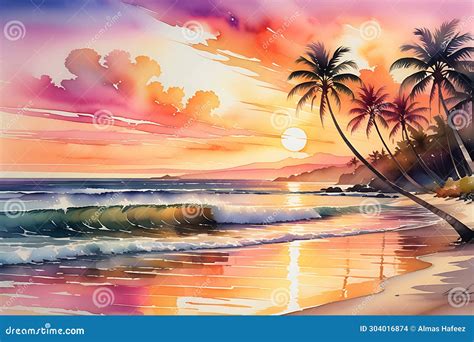 Sunset Casting A Warm Glow Over A Tranquil Beach Palm Trees Swaying