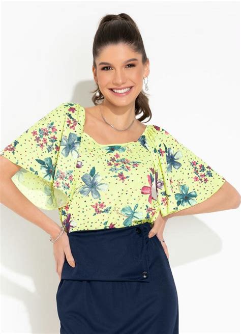 Blusa Floral Decote Quadrado Moda Evang Lica Rosalie