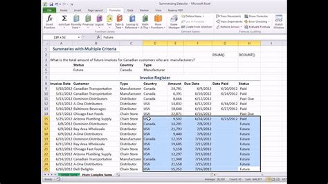 Excel 2010 Summarizing Data With Functions Youtube