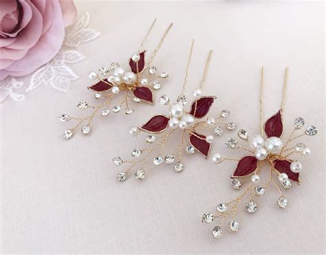 Bridal hair pins Burgundy leaf hairpiece Bridal hairpiece | Etsy