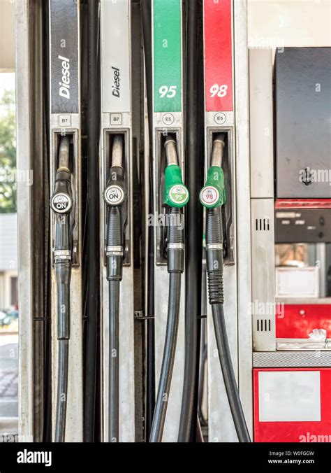 Petrol station pumps with diesel, unleaded 95 and 98 fuel distributor Stock Photo - Alamy