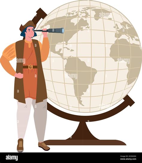 Christopher Columbus Cartoon With Telescope And World Sphere Vector