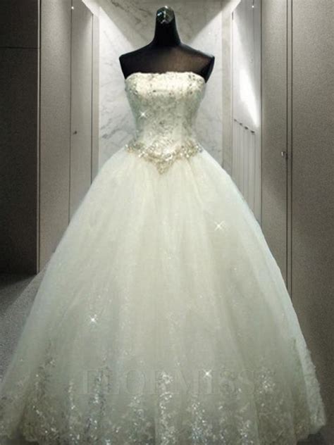 Ball Gown Strapless Floor Length Tulle Wedding Dresses With Rhinestone