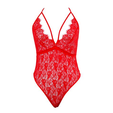 Hot Red Stretch Eyelash Lace With Sexy Opening Back Teddy Lingerie Teddy And Sexy Lingerie