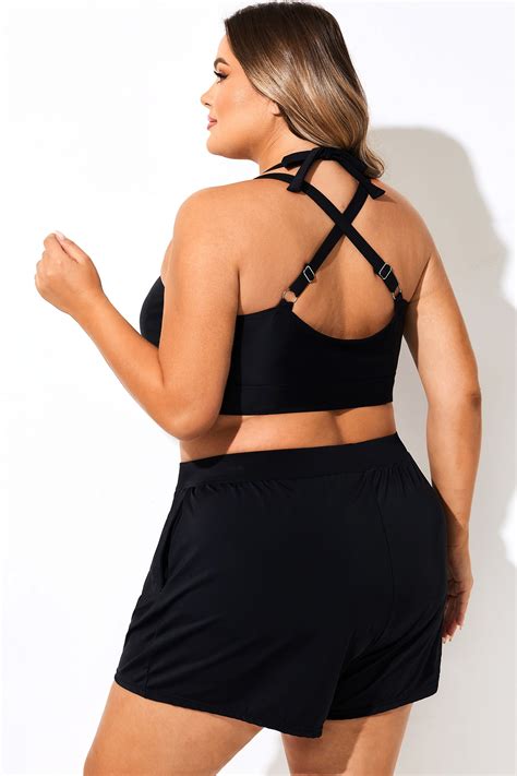 Plus Size Black V Neck Crossback Bikini Top Meet Curve Meet Curve